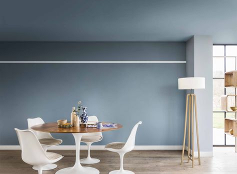 Contemporary living and dining room painted in Denim Drift, Borrowed Blue, Earl Blue and Sash Blue Dulux paint Denim Drift Dulux Paint, Denim Drift, Dulux Paint Colours, Paint For Kitchen Walls, Dulux Paint, Dining Room Paint, Wall Paint Colors, Living And Dining Room, Vintage Chandelier