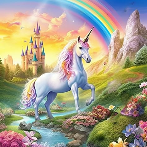 5D Diamond Painting Colorful Castle Unicorn Kit Offered by Bonanza Marketplace. www.BonanzaMarketplace.com #diamondpainting #5ddiamondpainting #paintwithdiamonds #disneydiamondpainting #dazzlingdiamondpainting #paintingwithdiamonds #unicorndiamondpainting #unicorndiamondart My Little Pony Painting, Unicorn Landscape, Colorful Castle, Unicorn Castle, Wall Art Painting Bedroom, Unicorn With Rainbow, Unicorn Wallpaper Cute, Cute Rainbow Unicorn, Rainbows And Unicorns