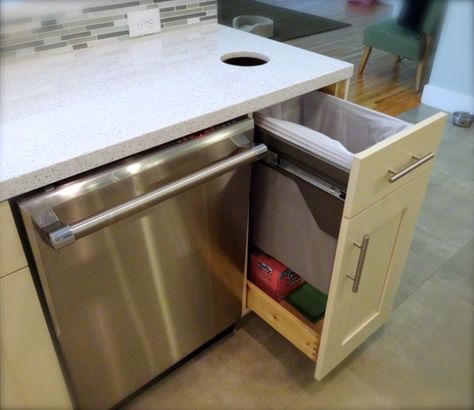 Trash countertop cut-out & bin pull out by Ultra Craft Ivory Kitchen, Dinnerware Storage, Contemporary Kitchen Cabinets, Online Kitchen Cabinets, Best Kitchen Cabinets, Kitchen Storage Solutions, Kitchen Cabinetry, Counter Tops, Cabinet Design