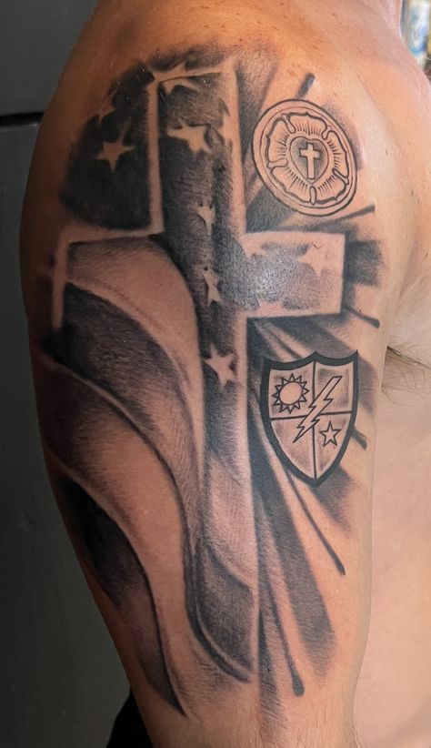 Cross Flag Tattoo, Cross And Flag Tattoo, Chris Tattoo, Christian Military, Baseball Tattoos, God Family Country, Patriotic Tattoos, Military Tattoos, Men Tattoo