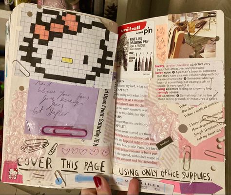 Journal aesthetic hello kitty Indie Journal Ideas, Drawing Notebook Aesthetic, Hello Kitty Scrapbook Ideas, Hello Kitty Journal Ideas, Y2k Journal Aesthetic, Hello Kitty Sketchbook, Letters Aesthetic Ideas, Journal Page Inspo Aesthetic, Jornal Idea Aesthetics