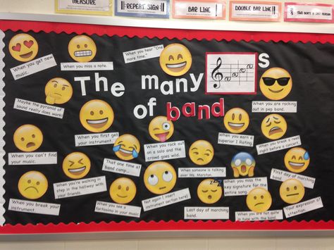 This is my bulletin board for my band/music classroom. It combines emojis with some band quotes and a little bit of sarcasm too. Band Bulletin Board Ideas, Band Bulletin Boards, Band Room Bulletin Boards, Band Bulletin Boards Middle School, Music Ra Bulletin Boards, Music Class Bulletin Board Ideas, Choir Bulletin Boards, Elementary Music Bulletin Board Ideas, Band Room Ideas