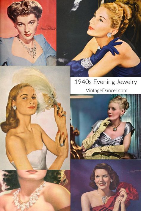 What 1940s jewelry should I wear with an evening gown? Answers at VintageDancer 1940s Dresses Formal Vintage Fashion, 1940s Fashion Accessories, 1940s Fashion Women Outfits, 1940s Gloves, 40s Jewelry, 1940s Earrings, 1940 Jewelry, Prom Dresses Pretty, 1940s Fashion Women