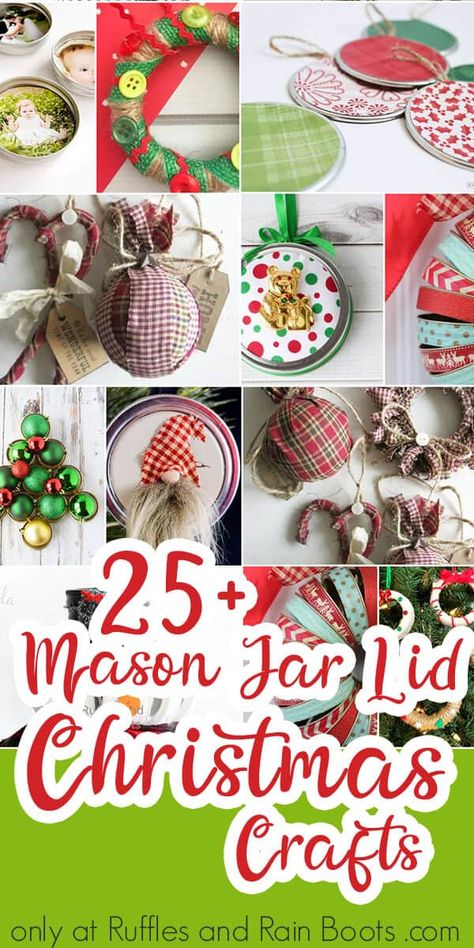 Decorative Mason Jar Lids, Diy Canning Lid Christmas Ornaments, Mason Jar Rings Crafts Easy Diy, Canning Jar Lids Crafts, Mason Jar Lid Wreath Diy, Diy Jar Lids Craft Ideas, Ball Jar Lid Ornaments, Jar Lid Christmas Crafts, Jar Lid Ornaments Diy