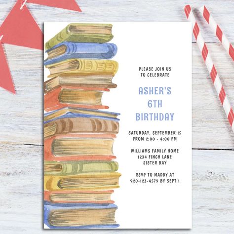 Books Birthday Party Invitation | Zazzle Book Exchange Party, Book Themed Birthday Party, Book Birthday Parties, Book Theme, Book Stack, Book Party, Boys Birthday, Invitation Card Design, Boy Birthday Party