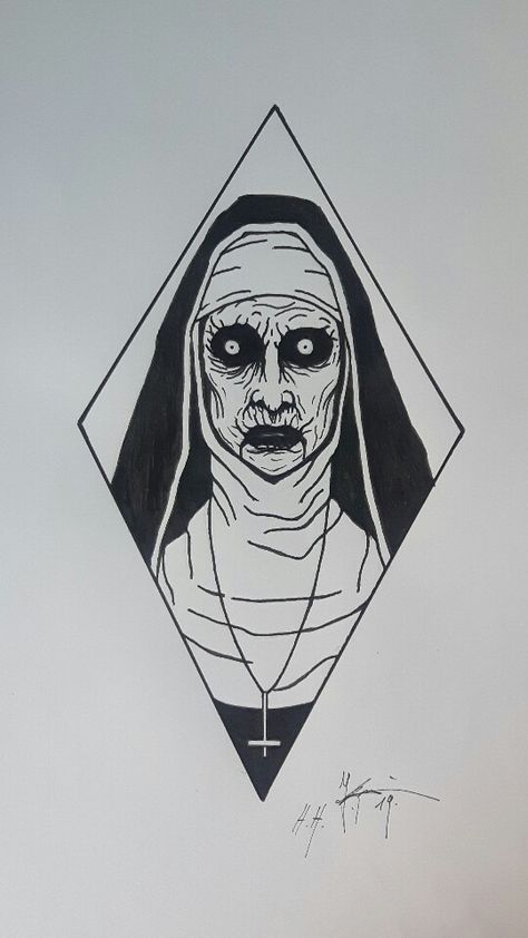 Horror Simple Drawing, The Nun Paintings Easy, Horror Line Drawing, The Nun Drawings Easy, Horror Movies Sketch, Horror Outline Tattoo, Art The Clown Drawing Easy, Horror Easy Drawings, Horror Things To Draw