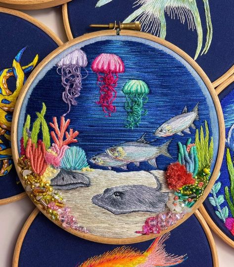 Carpenter Belt, Painted Embroidery, Textiles Sketchbook, The Deep Blue Sea, Underwater Scene, Sea Life Art, Art Fish, Wooden Embroidery Hoops, Unique Embroidery