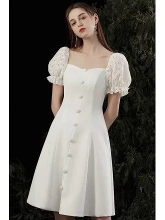 White Short Frocks For Women, White Casual Lace Dress, Normal Dress Simple Casual, White Simple Dress Casual, Pretty Dresses Casual Simple, Square Neck Dress With Sleeves, White Formal Dress Short, Normal Frock, White Dress Graduation