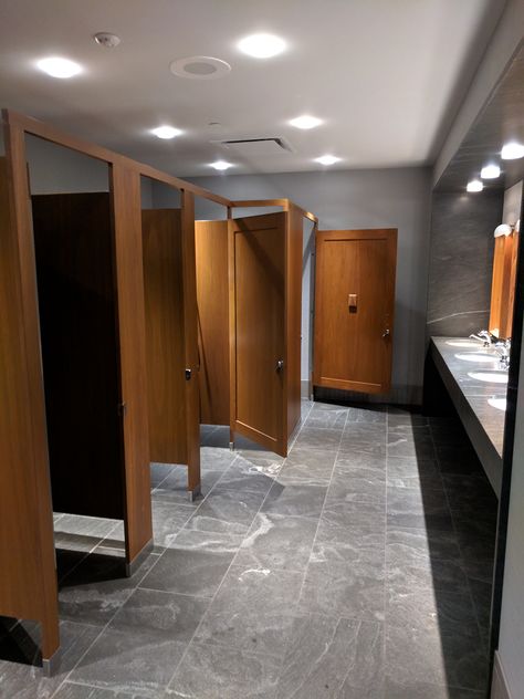 Warm stalls against a neutral color palette. (Hyatt, MPLS) Restaurant Restroom Design Simple, Luxury Public Bathroom Design, Commercial Bathroom Stalls, Church Restroom Decor Ideas, Bathroom Stall Aesthetic, Bathroom Stall Ideas, Venue Restrooms, Campground Bathroom, Public Bathroom Ideas