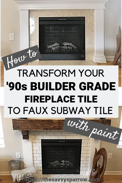 Want to know how to paint fireplace tile to look like subway tile? Try this tutorial to paint tile on your fireplace and transform it from boring builder grade tile to faux subway tile without a stencil! Paint Fireplace Tile, Farmhouse Fireplace Decor, Fireplace Redo, Diy Fireplace Makeover, Fireplace Update, Paint Fireplace, Old Fireplace, Farmhouse Fireplace, Faux Fireplace