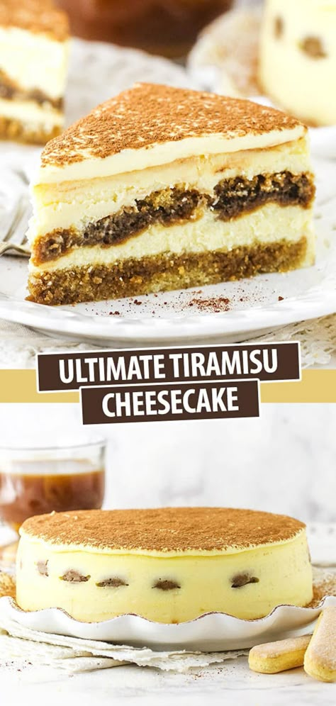 Inspired by your favorite Italian dessert, this Tiramisu Cheesecake is a showstopper! It's made with a fluffy espresso cake layer, a creamy cheesecake filling, espresso-soaked ladyfingers and a silky tiramisu topping. Talk about a crave-worthy treat! Cheesecake Layer Cake, Fun Cheesecake Recipes, Tiramisu Recipes, Espresso Cake, Tiramisu Cheesecake, Cheesecake Layer, Yummy Cheesecake, July Desserts, Tiramisu Dessert