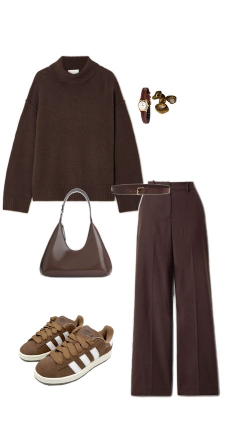 Brown Monochrome Outfit, Brown Monochrome, Brown Pants Outfit, Women's Winter Outfits, Pleated Wide Leg Pants, Mommy Outfits, Smart Dressing, Design Moda, Monochrome Outfit