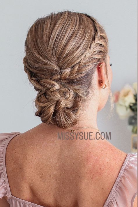 Lace braid. Hairstyle. Updo. Low bun. How to. Tutorial. Homecoming. Formal. Dance. Two Braid Updo, Double Braid Updo, Braided Updo With Bangs, Simple Braided Updo, Plait Updo, Braided Updo Hairstyles, Braid Bun Updo, Prom Hair Up, Partial Updo