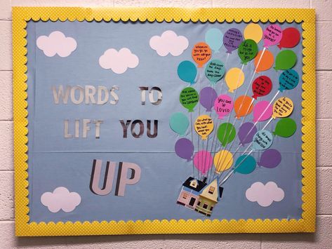 UP bulletin board. Words to lift you UP! January, welcome back theme. Spring semester Bulletin Board Ideas That Can Stay Up All Year, Appreciation Bulletin Board Ideas, Engagement Bulletin Board, Hope Bulletin Board Ideas, Welcome Back To School Nurse Bulletin Boards, Hospital Employee Bulletin Board Ideas, Event Bulletin Board Ideas, Rise Up Bulletin Board Ideas, Welcome Bulletin Boards College