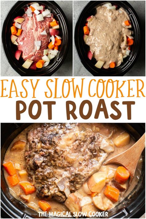 Easy Slow Cooker Pot Roast - A classic recipe with potatoes, carrots and onion. This recipe has a self making gravy. - The Magical Slow Cooker Roast Dinner Recipes, Slow Cooker Pot Roast Recipes, Rump Roast, Slow Cooker Pot Roast, Slow Cooker Roast Beef, Potatoes And Carrots, Beef Pot Roast, Slow Cooker Roast, Pot Roast Slow Cooker