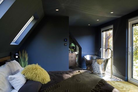 Navy Attic Bedroom, Navy Ceiling Bedroom, Bedroom Shed, Loft Bedroom Decor, Loft Rooms, Indie Decor, Kids Loft, Blue Bedroom Decor, Bedroom Updates