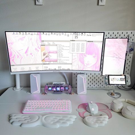 Organization For Studying, Gaming Organization, Gaming Rooms, Gaming Desk Setup, Dream Desk, Pc Setups, Desktop Setup, Setup Ideas, Pastel Room