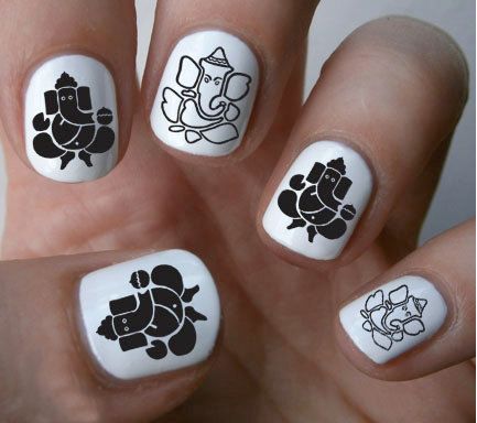 Diwali Nail Art, Yoga Nails, Hindu Meditation, Ganesh Design, Black And White Nail Art, Black White Nails, Bridal Nail Art, Nail Art Decals, Ganesh Ji