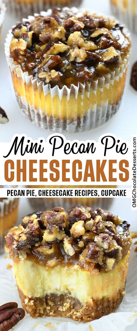 Mini Pecan Pie Cheesecakes combines two of the best holiday desserts-cheesecake and pecan pie and pack them into one amazing treat. #pecan #pie #cheesecake #thanksgiving #dessert Holiday Desserts Cheesecake, Cheesecake Thanksgiving, Mini Pecan Pie, Easy Holiday Desserts Christmas, Holiday Desserts Thanksgiving, Desserts Cheesecake, Mini Pumpkin Cheesecake, Holiday Desserts Christmas, Mini Pecan Pies