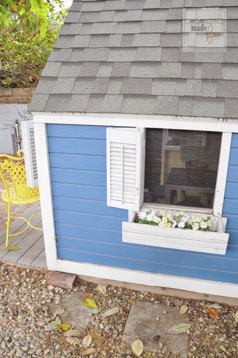 New screening on the playhouse windows :: OrganizingMadeFun.com Playhouse Window Ideas, Diy Playhouse Windows, Playhouse Windows Diy, Blue Playhouse, Kids Playhouse Outdoors Interior, Refurbished Plastic Playhouse, Playhouse Windows, Plastic Playhouse, Kidcraft Forest View Playhouse