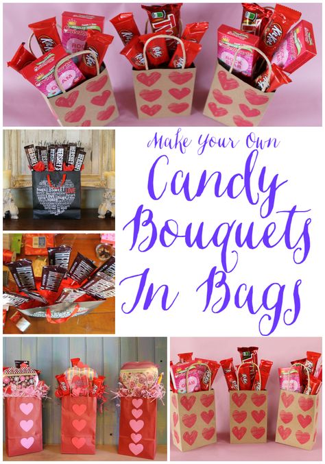 Make A Candy Bouquet In A Bag                                                                                                                                                                                 More Valentines Candy Bouquet For Kids, Diy Valentine Bouquet Ideas, Valentines Basket Ideas, Make A Candy Bouquet, Candy Boquets, Candy Bar Bouquet, Valentines Candy, Candy Arrangements, Valentines Day Baskets