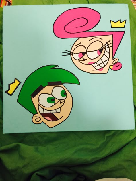 Cosmo and Wanda Cosmo And Wanda Painting Canvas, Cosmo And Wanda Drawing, Cosmo And Wanda Painting, Cartoon Network Paintings, Cosmo Painting, Cartoon Paintings Easy, Candle Painting Art, Wanda And Cosmo, Disney Canvas Paintings