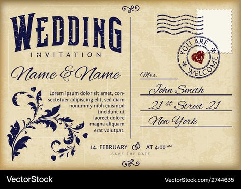 Old Grunge, Postcard Wedding, Wedding Invitation Vector, Retro Wedding Invitations, Postcard Wedding Invitation, St Street, Retro Wedding, Invitation Card Design, Post Card