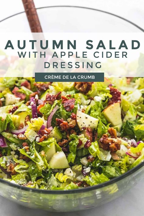 Fresh, chopped Autumn salad with apple cider dressing has crunchy candied cinnamon pecans, apples, pears, bacon and feta cheese, all tossed in a sweet and tangy dressing. Chopped Autumn Salad, Apple Salad Dressing, Apple Cider Dressing, Cider Dressing, Pear Salad Recipes, Autumn Salad Recipes, Thanksgiving Salad, Apple Salad Recipes, Chopped Salad Recipes