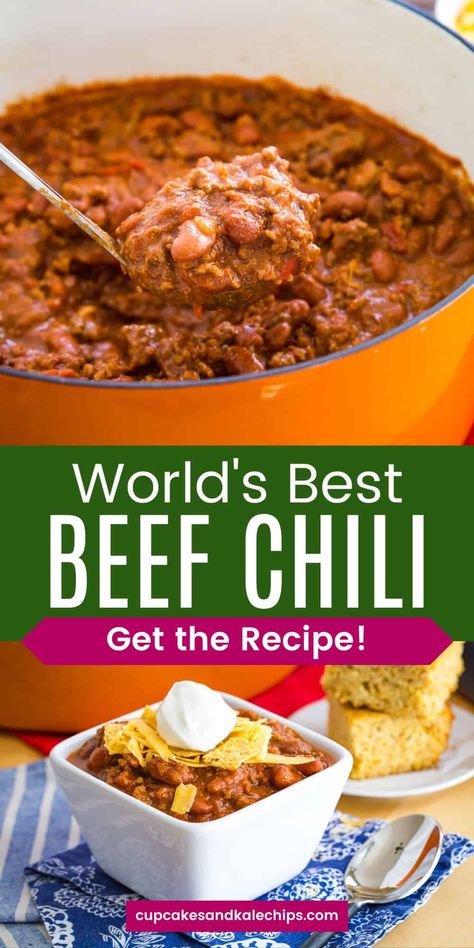 This easy beef chili is so good it's earned the title of the World’s Best Chili. It is a hearty homemade recipe fully loaded with ground beef, stew meat, bacon, and beans! Let it simmer all day on the stove then get ready to enjoy a bowl with all of your favorite toppings and fixings. Chili With Beef And Pork, Recipe With Stew Meat, Meaty Chili Recipe, Chili With Bacon, Hamburger Chili, Gluten Free Chili Recipe, Vinegar Slaw, Ground Beef Stew, Bacon Beans