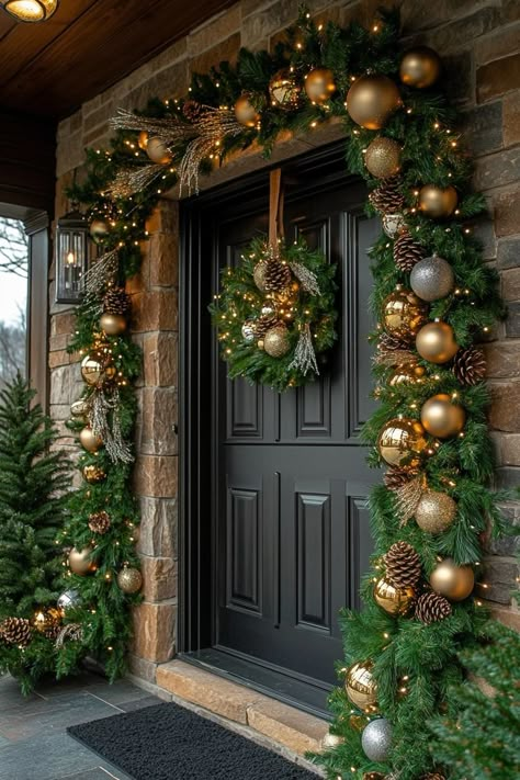 16 Unique Front Porch Christmas Decor Ideas for Holiday Season 4 Victorian Porch Christmas Decor, Creative Christmas Decorations Diy, Decorated Front Porches For Christmas, Front Of House Christmas Decor Ideas, Around Door Christmas Decorations, Holiday Front Door Decor Porch Ideas, Xmas Garland Ideas Front Doors, Outdoor Door Christmas Decor, Outdoor Entryway Christmas Decor