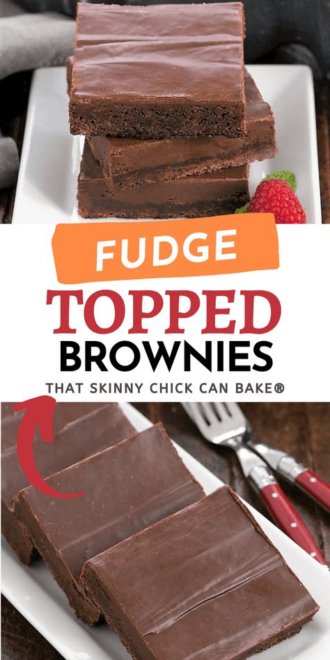 Fudge Topped Brownies: Rich, chocolate brownies with a thick layer of fudgy frosting make for the ultimate, chocolate lover's treat. One of the best brownie recipes and an easy way to serve a crowd! Brownie With Fudge On Top, Fudgy Frosting, Quick Easy Brownies, Topped Brownies, Best Brownie Recipes, Beginner Baking, Yummy Brownies, Brownies Fudgy, Grad Cakes