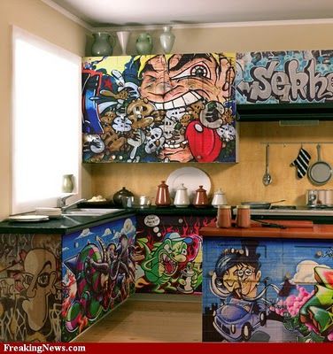 Graffiti Art Kitchen Design... 15 years ago suggested a graffiti kitchen with concrete..and was told was crazy...  graffitti art making its way... Graffiti Furniture, Graffiti Room, Graffiti Pictures, Graffiti Murals, Funky Furniture, Graffiti Wall, Street Art Graffiti, Paint Furniture, Art Furniture