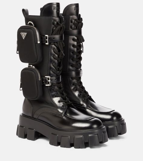 Prada Monolith Boots, Cargo Boots, Menswear Runway, Leather Knee High Boots, Thigh Boots, Thigh Boot, Tank Girl, Knee High Leather Boots, Flat Boots