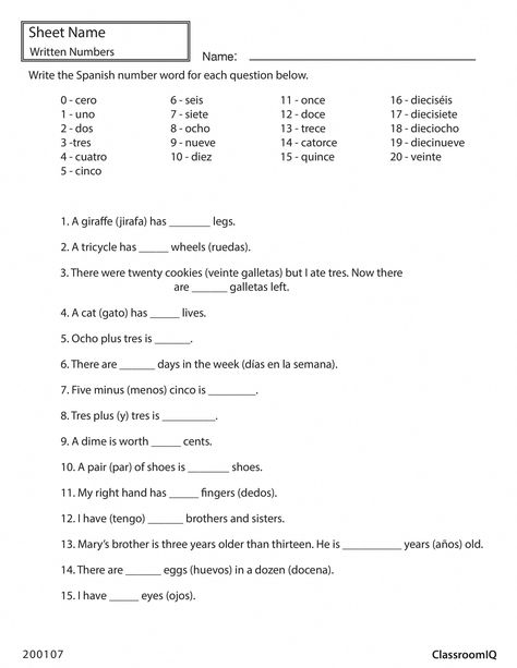 Write the Spanish number for each question #spanishworksheets #classroomiq #newteachers #spanishlessonsforkids Spanish Articles Worksheet, Spanish Introduction Worksheet, Spanish Test For Beginners, Spanish Advanced, Spanish Counting, Beginner Spanish Worksheets, Spanish Tips, Homeschool Binder, Spanish Practice