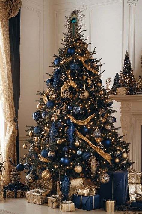 31 Magical Blue Christmas Tree Ideas That Go Beyond Basic Baubles - homeideashub.com Christmas Trees Theme Ideas, Velaris Christmas Tree, Decorations For Under The Christmas Tree, Fantasy Themed Christmas Tree, Silver Gold And Blue Christmas Tree Decor, Night Sky Christmas Tree, Luxurious Christmas Decorations, Holiday Aesthetic Christmas, Pink And Blue Tree Christmas