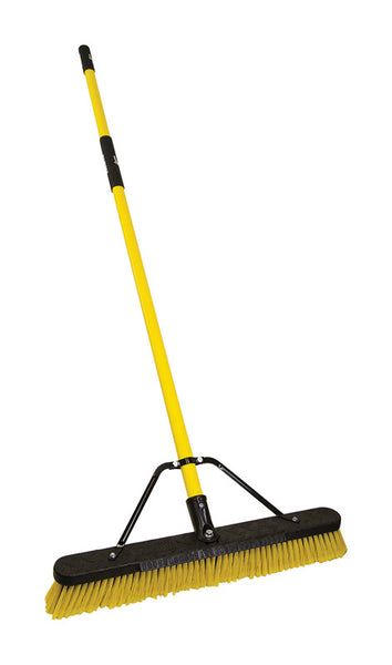 The Quickie® JOBSITE® 24 inch multi-surface fiberglass push broom is a commercial grade push broom with power in mind! Incorporating a weather resistant fiberglass handle with cushion grips, multi-sweep bristles, front scraper and steel brace system for added strength this push broom is end to end a must have! The multi- surface sweep is designed specifically with soft outer fibers and stiff inner fibers to sweep a wide range of debris. Great for use in garages, basements and on sidewalks for sand, mulch, grass clipping and drywall debris. The broom head is set in a heavy duty resin block with a diamond plate design that won't warp, rot or crack under normal usage. This broom features a built in scraper, perfect for removing dried spackle or caked on debris plus a steel brace which prevent Resin Block, Push Broom, Diamond Plate, Plate Design, End To End, Weather Resistant, Heavy Duty, Built In