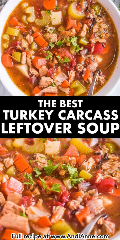 Turkey Carcass Soup Tomato Turkey Soup, Turkey Bones Soup, Canning Turkey Soup Recipes, Turkey Bean Soup Recipes, Soup From Turkey Carcass How To Make, Left Over Turkey Carcus, Soups With Turkey Meat, Turkey Tomato Soup, Turkey Bone Soup Recipe