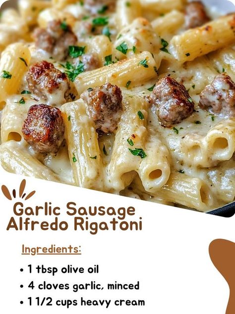 Garlic Sausage Alfredo Rigatoni, Alfredo Rigatoni, Rigatoni Pasta Recipes, Rita Recipe, Sausage Alfredo, Sausage Rigatoni, Ham Dishes, Creamy Pasta Dishes, Creamy Garlic Chicken