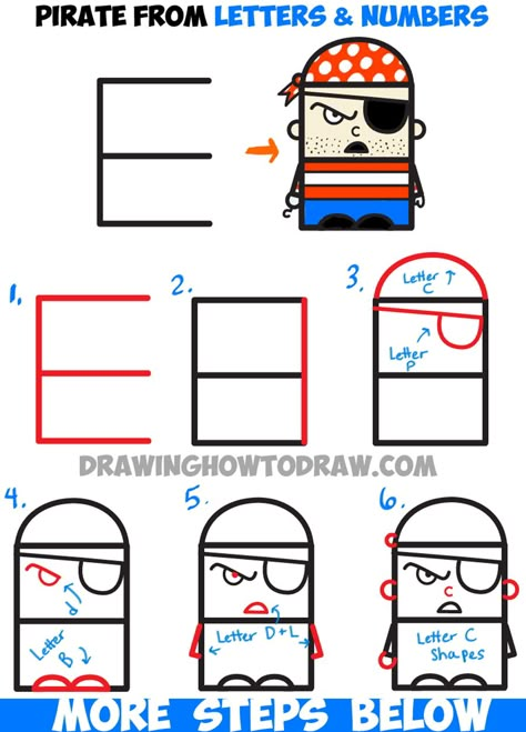 How to Draw Cartoon Pirate from Letters and Numbers - Easy Tutorial for Kids Trin For Trin Tegning, Cartoon Pirate, Alphabet Drawing, Word Drawings, How To Draw Steps, Drawing Step By Step, Draw Cartoon, Drawing Cartoon Characters, Drawing Step