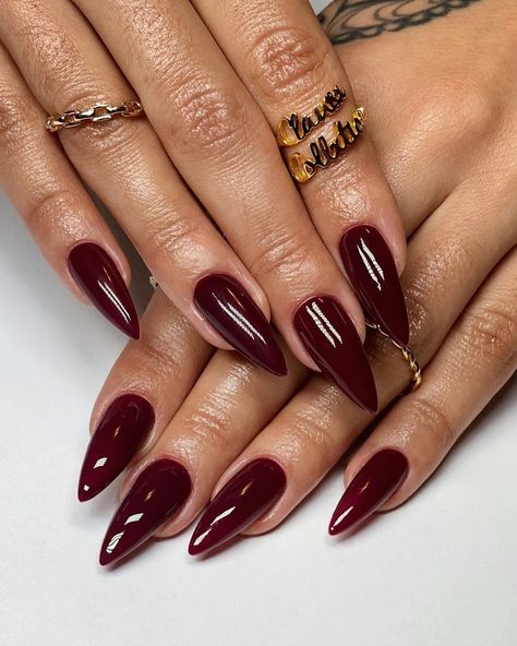 pour yourself a glass 🍷 。 @apresnailofficial medium stiletto @dndgel strawberry wine 。 。 。 #nails #naildesigns #nailinspo #nailart… | Instagram Red Stiletto Nails, Deep Red Nails, Kutek Disney, Wine Nails, Maroon Nails, Pointy Nails, Nagel Tips, Casual Nails, Burgundy Nails