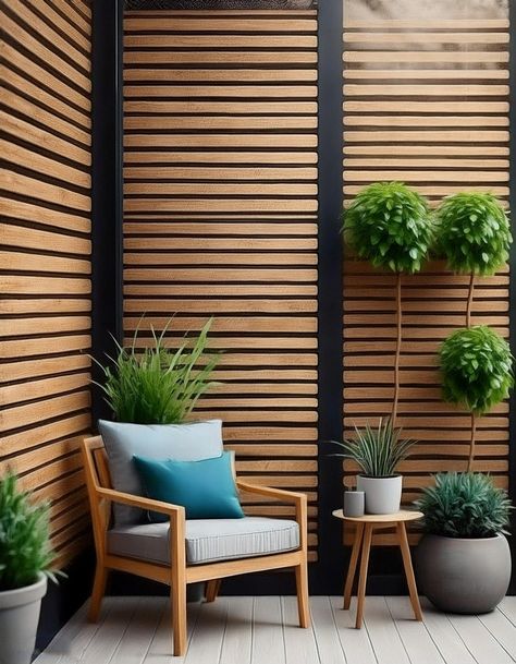 Modern Horizontal Wood Slat Patio Wall Wood Slat Patio Wall, Porch Wall Design, Patio Wall Ideas, Patio Wall Planters, Light Blue Living Room, Lattice Patio, Mediterranean Style Home, Pallet Patio, Porch Wall