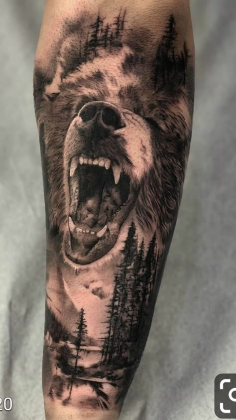 Outdoors Tattoo For Men, Forearm Tattoo Men Sleeve, Tattoo Men Sleeve, Bear Tattoo Ideas, Grizzly Bear Tattoos, Black Bear Tattoo, Wildlife Tattoo, Bear Tattoo Designs, Animal Sleeve Tattoo