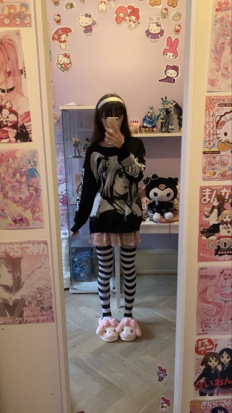 Misa Sweater, Gurokawa Aesthetic, Sanrio Art, Thrift Inspo, Fun Outfits, Kawaii Fashion Outfits, Sweater Fits, Natural Eye Makeup, Junk Drawer