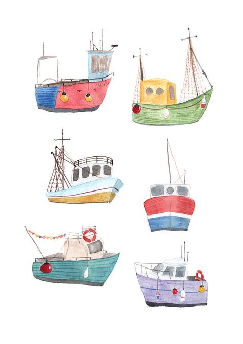 Watercolour Fishing, Boats Illustration, Boat Illustration, Boat Drawing, Boat Print, Pola Sulam, Hur Man Målar, Fishing Boat, Watercolor Cards