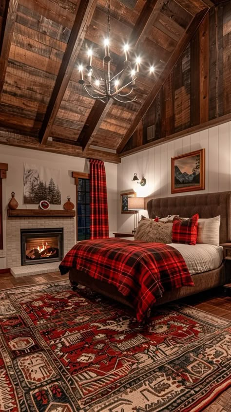 Cozy rustic cabin bedroom with fireplace, plaid bedding, wooden beams, and oriental rug. Warm and inviting decor for a relaxing getaway. Luxury Lodge Bedroom, Red Plaid Bedroom Ideas, Cabin Home Bedroom, Cabin Bedroom With Fireplace, Dark Cabin Bedroom, Log Cabin Bedrooms Master Suite, Log House Bedroom, Romantic Cabin Bedroom, Winter Cabin Interior