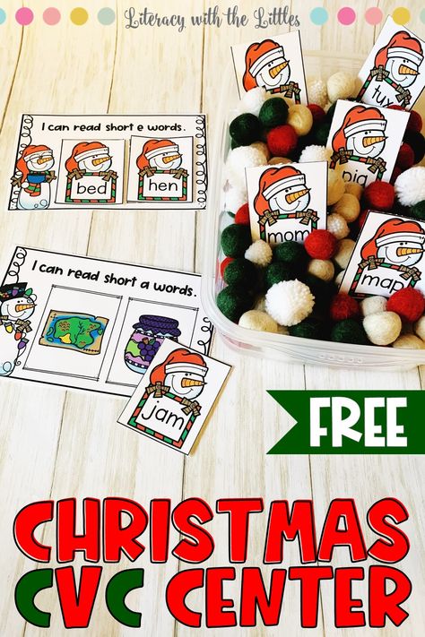 Homeschool First Grade, Christmas Literacy Centers, Snowmen Cards, Turkey Math, December Month, Christmas Literacy, Cvc Activities, Christmas Units, December Activities