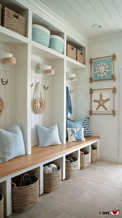 10 Inspiring Entryway Mudroom Ideas for a Functional and Stylish Home - I Luve It Lake House Drop Zone, Lake House Organization, Entryway Built In Ideas, Entry Room Ideas, Beach House Mudroom, Entryway Mudroom Ideas, Coastal Foyer, Small Entrance Hall Ideas, Beach House Storage