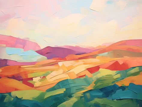 This abstract art print features a stunning painting of a colorful landscape and cloud-filled sky. Using a vibrant color story and an impressionist technique, this painting is both calm and invigorating and will make a chic addition to any room. Whether you favor traditional, modern, boho, farmhouse, cottagecore, aesthetic, maximalist or minimalist decor style, this joyful artwork is a perfect statement print for a gallery wall, in your living room, your bedroom or in any special spot in your ho Landscape Modern Painting, Modern Landscape Painting Abstract, Art Filled Home, Abstract Sky Painting, Joyful Artwork, Modern Art Landscape, Modern Landscape Art, Abstract Painting Landscape, Farmhouse Cottagecore