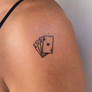 4 Playing Cards Tattoo, Card Deck Tattoo Design, Las Vegas Traditional Tattoo, Dec Of Cards Tattoo, Dainty Vegas Tattoo, Stack Of Cards Tattoo, Poker Card Tattoo Design, Tiny Card Tattoo, Simple Card Tattoo