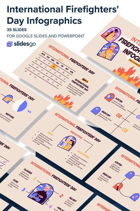 International Firefighters' Day Infographics Power Point Template, Powerpoint Slide, Google Slides Themes, Help People, Google Slides, Solar System, Hard Work, Firefighter, Helping People